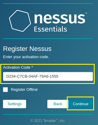 Entering the activation code into the Nessus application.