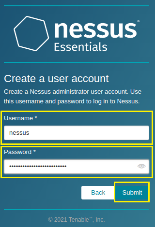 Creating a user account for the Nessus application.