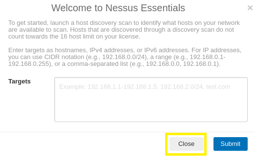 The Nessus application showing the Close selection button highlighted.