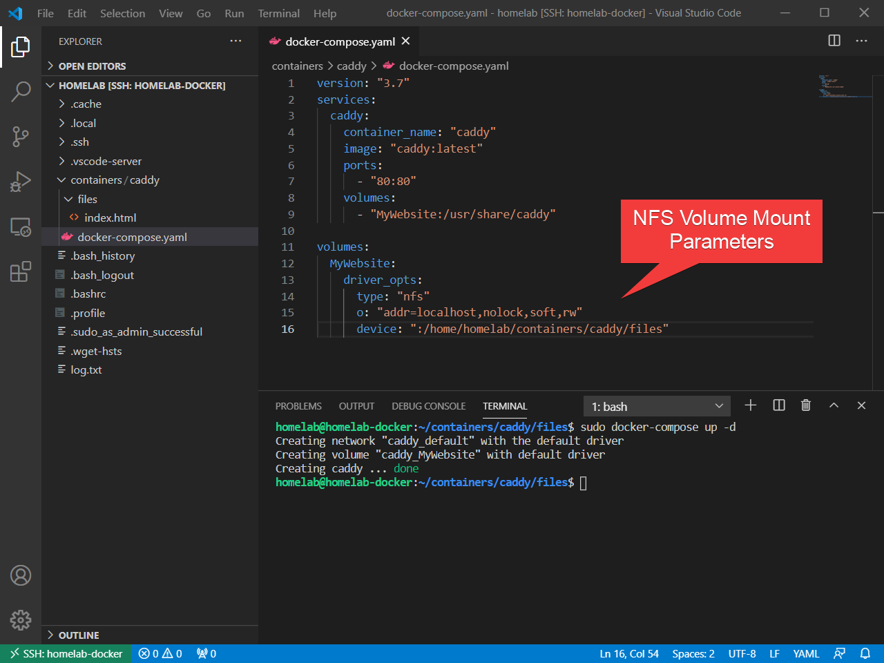 Setting NFS client settings within Docker Compose in VS Code