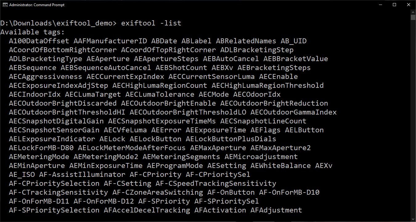 Listing available tags with exiftool -list