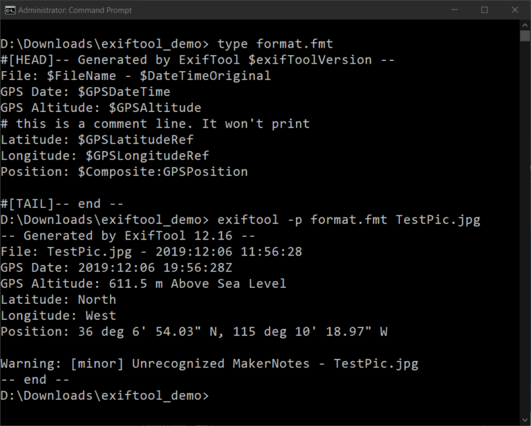 exiftool command line to print all gps info