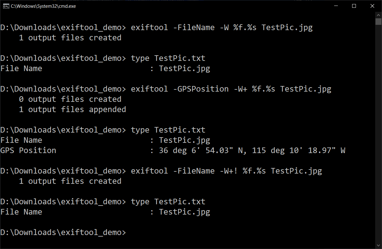 An output file being appended to and overwritten with -W+ and -W+!