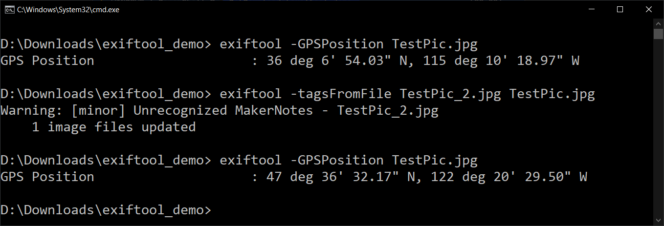 Notice that the -GPSPosition tag on TestPic.jpg has been overwritten with the value from TestPic_2.jpg