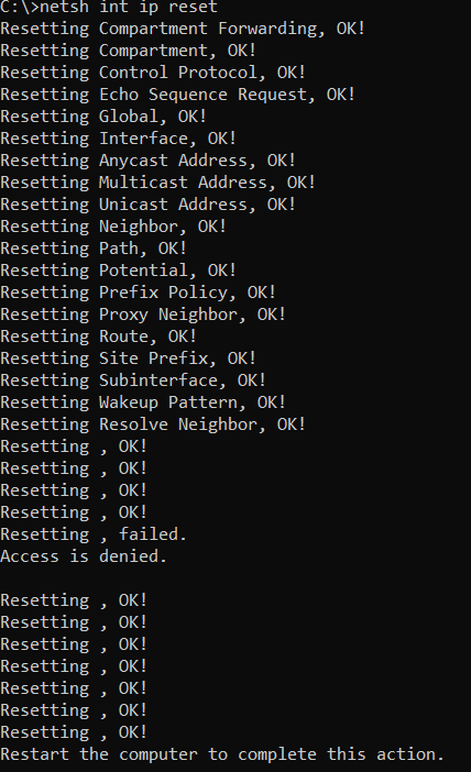 Output from netsh int ip reset