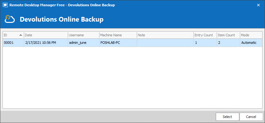 Choosing an online backup to restore