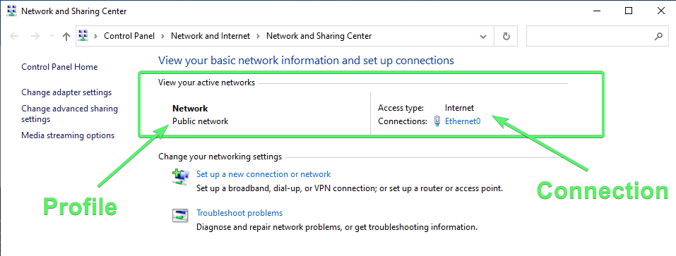 Viewing a Network Profile for an ethernet connection in the Network and Sharing Center.