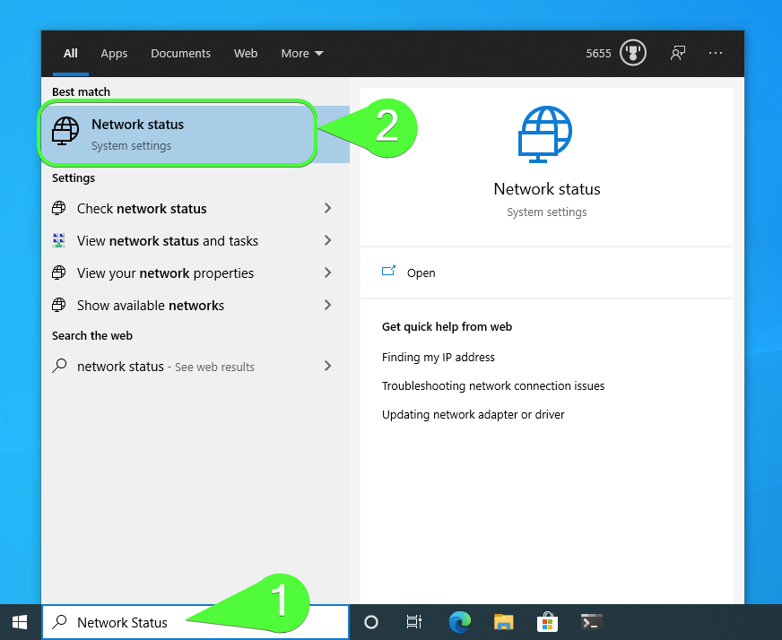 Locating the Network Status system settings screen with the Windows 10 Search Box.