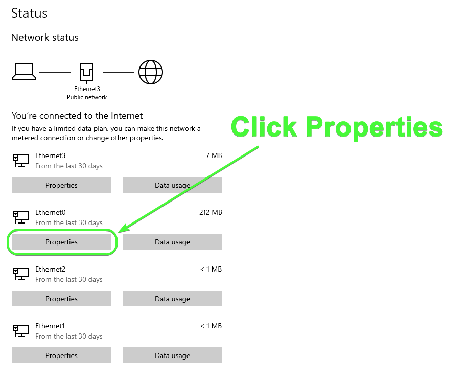 Choosing a network connection in Network Status.