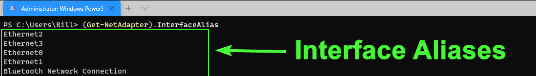 Listing all network connection interface aliases. 