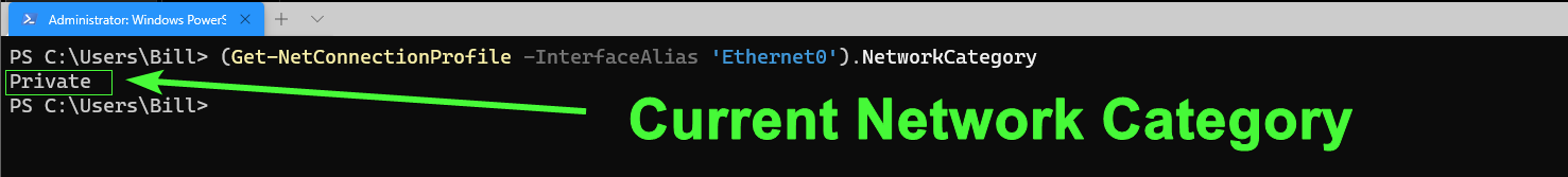 Finding a network connection's current network profile via Get-NetConnectionProfile.