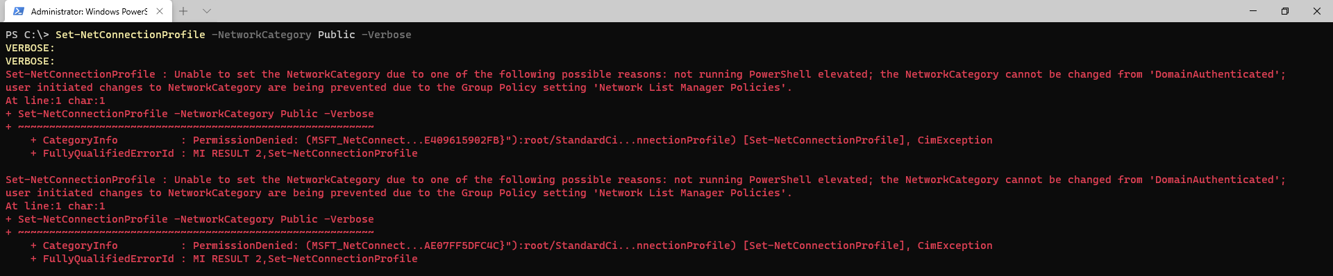 Group Policy blocking network profile change.