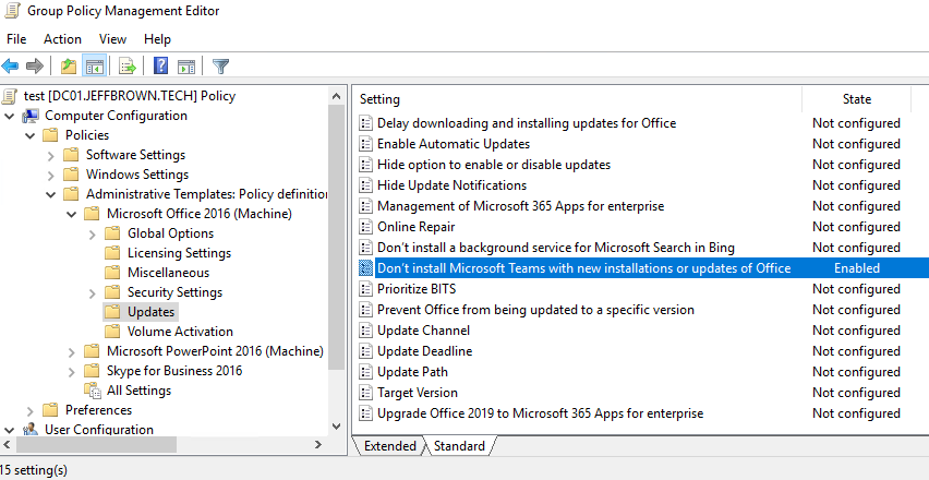 Enabling Don't install Microsoft Teams with new installations or updates of Office