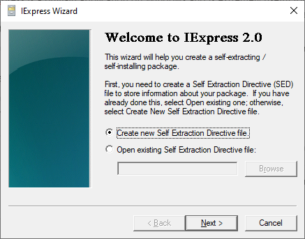 Create New Self Extraction Directive File