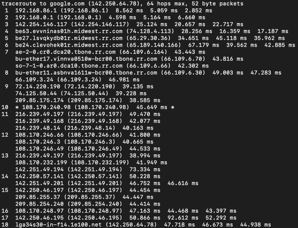 Traceroute to google.com