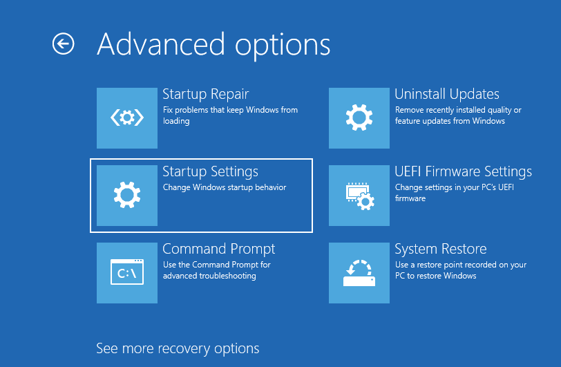 Selecting startup setting to reset windows password