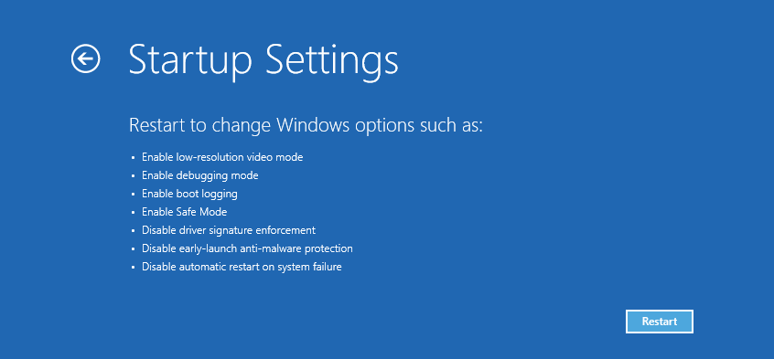  Startup Settings options prior to restarting in Safe Mode.