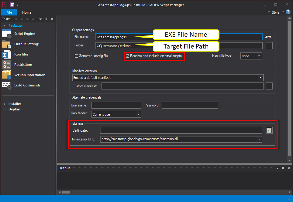 Managing The Output Settings For The Executable File