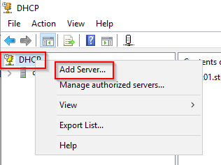 right-click on the DHCP node and click Add Server