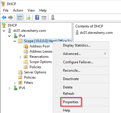 Display the properties of your DHCP Scope