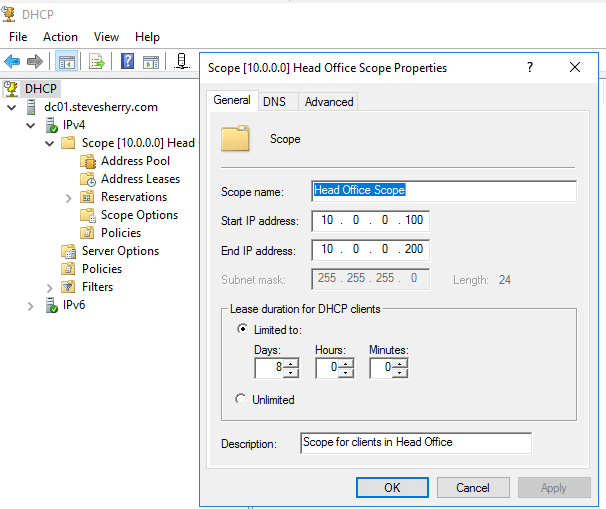 Show the DHCP Lease properties and the DHCP Lease duration