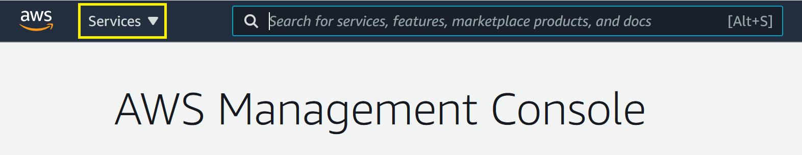 AWS Management Console showing services drop-down menu.