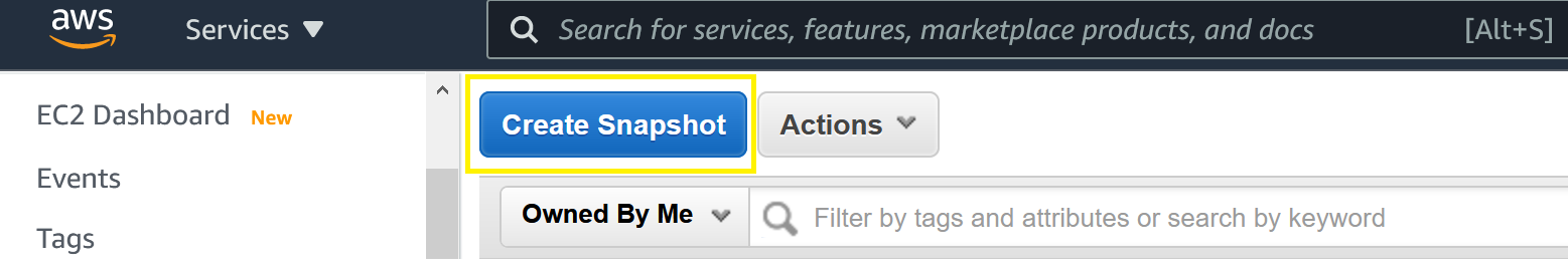 Snapshots section of the EC2 Console showing Create Snapshot selection.
