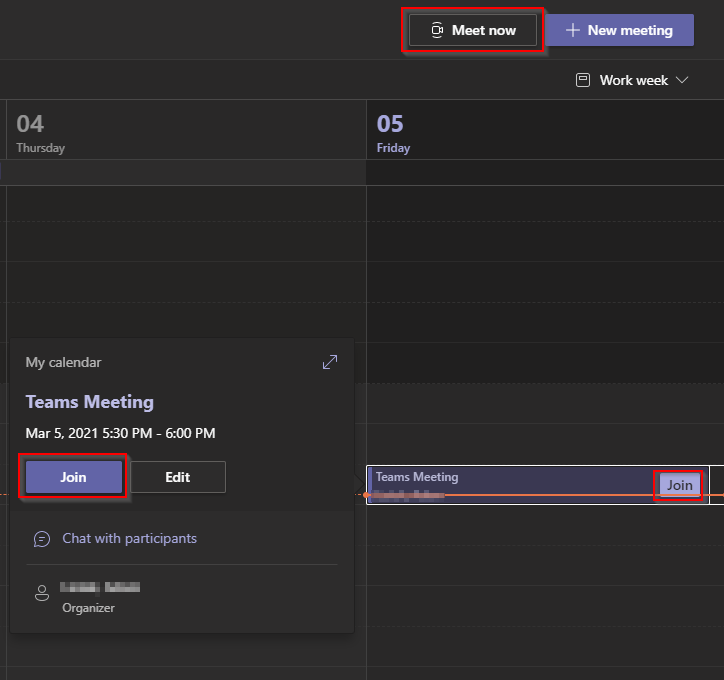 Starting a private meeting, or joining an existing meeting from the Calendar in Microsoft Teams