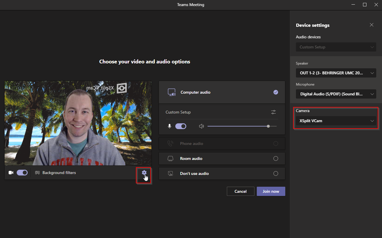 Changing the Camera device in Teams to use XSplit VCam.