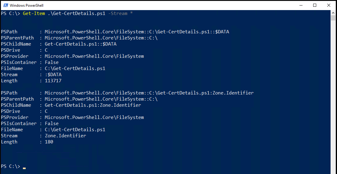 ADS Stream output for PowerShell file downloaded from internet