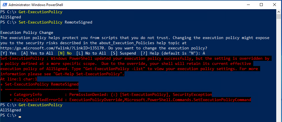 Error on trying to changing execution policy manually