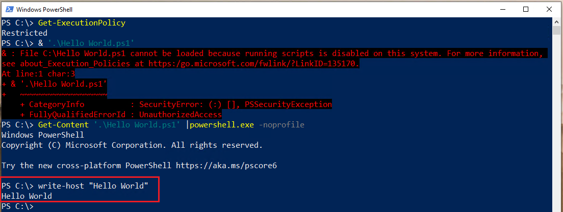 Different ways to bypass Powershell execution policy :.ps1 cannot