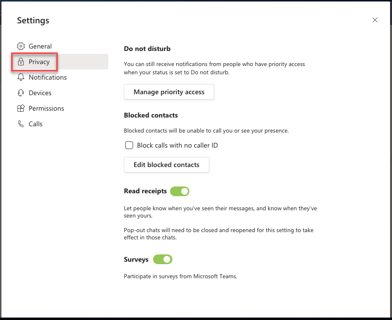 Microsoft Teams privacy settings.