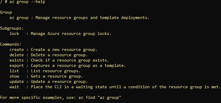 output of az group help