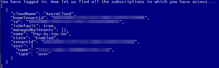 Output from az login, once authenticated