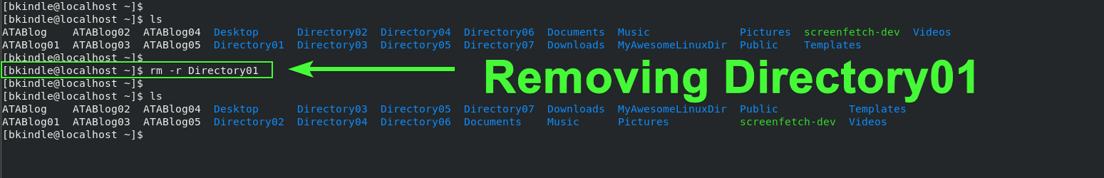 Removing directory via the recursive command of rm.