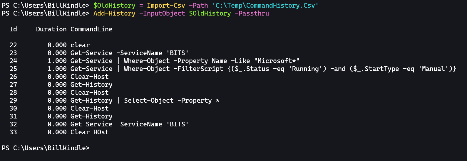 Importing exported PowerShell command history.