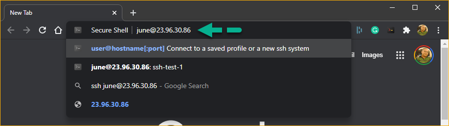 Starting an SSH connection from the Omnibox. 