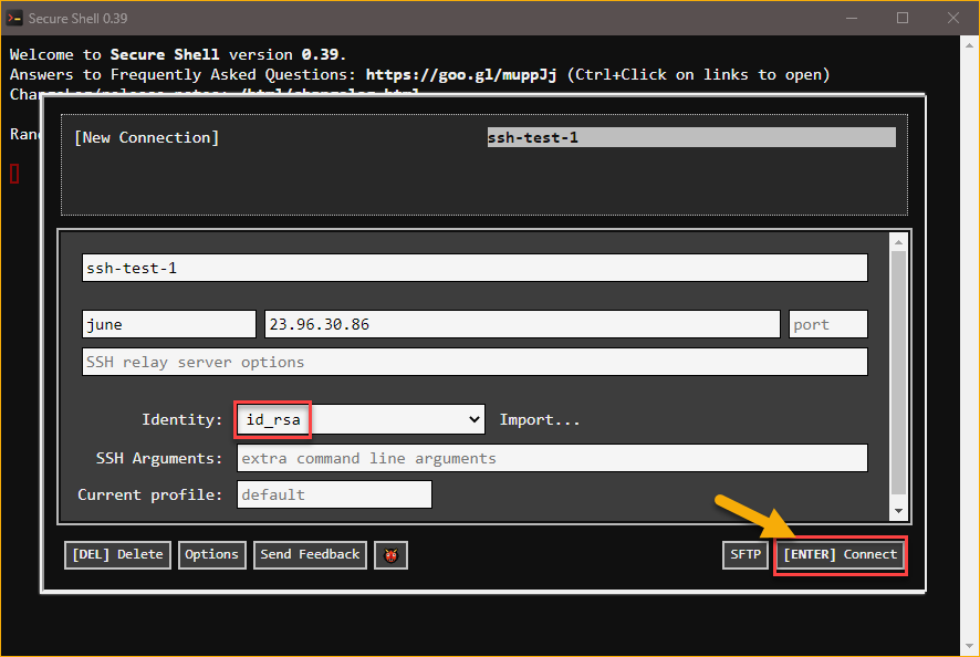 Connecting to the SSH server using key-based authentication.