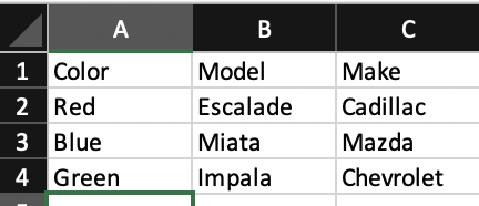 Example CSV of cars shown in Microsoft Excel