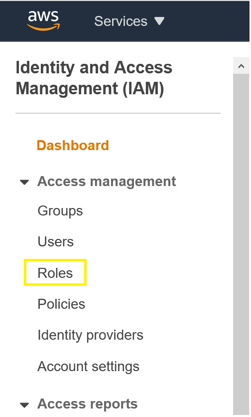 IAM console showing Roles selection.