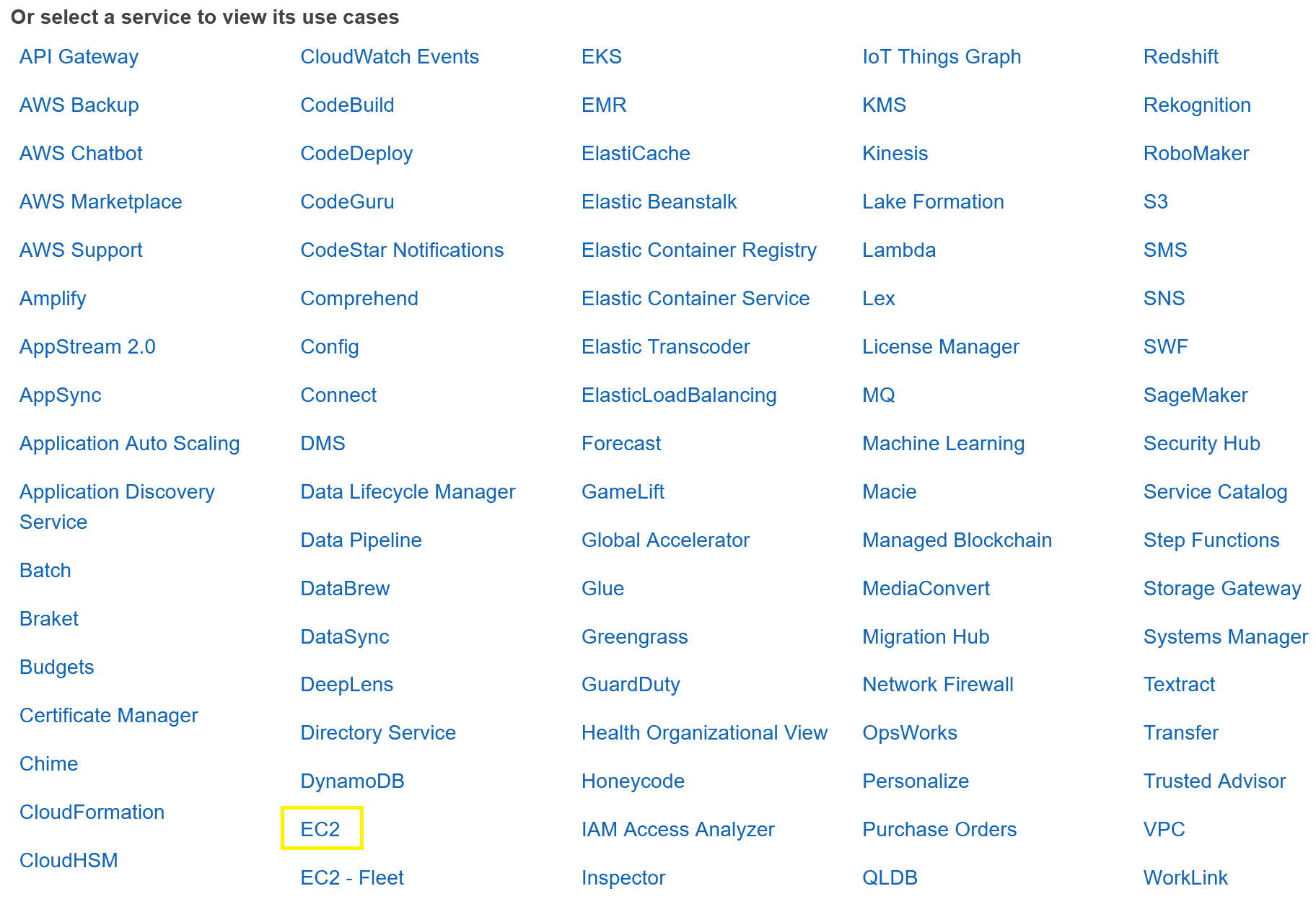 Create Role menu showing EC2 selection.