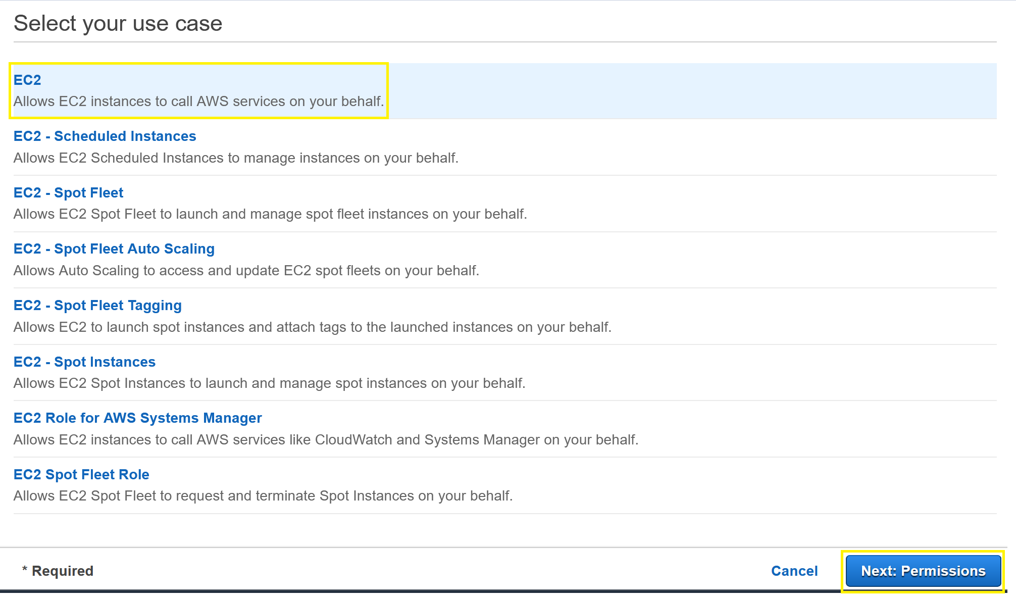 Create Role menu showing EC2 and Next: Permissions selections.