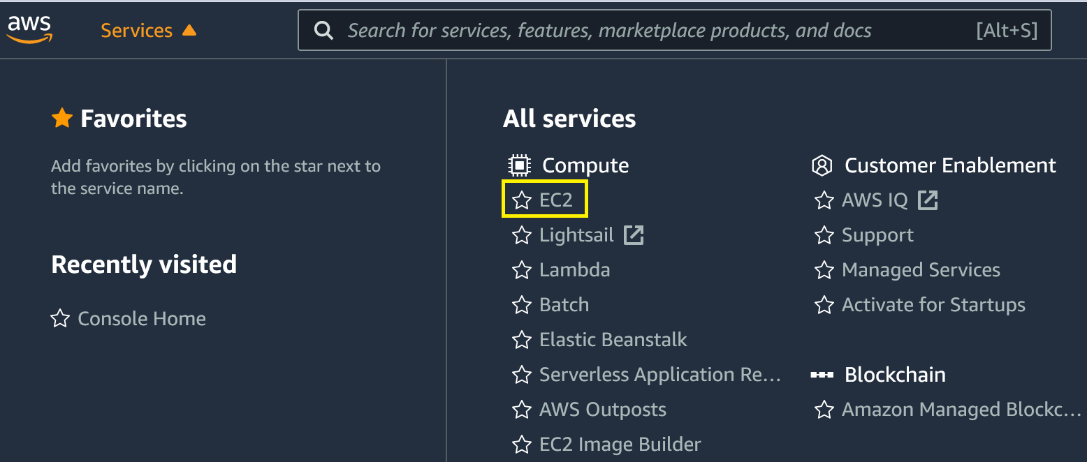 AWS Management Console showing services drop-down menu and EC2 selection.