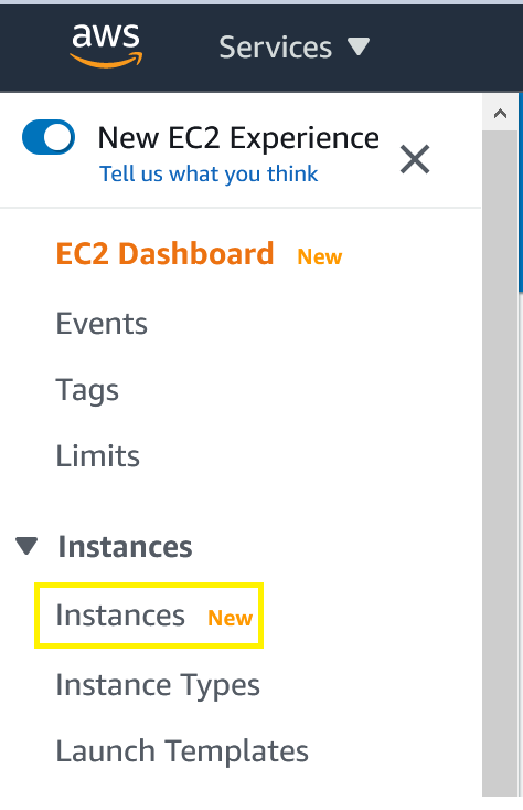 EC2 Console showing Instances selection.
