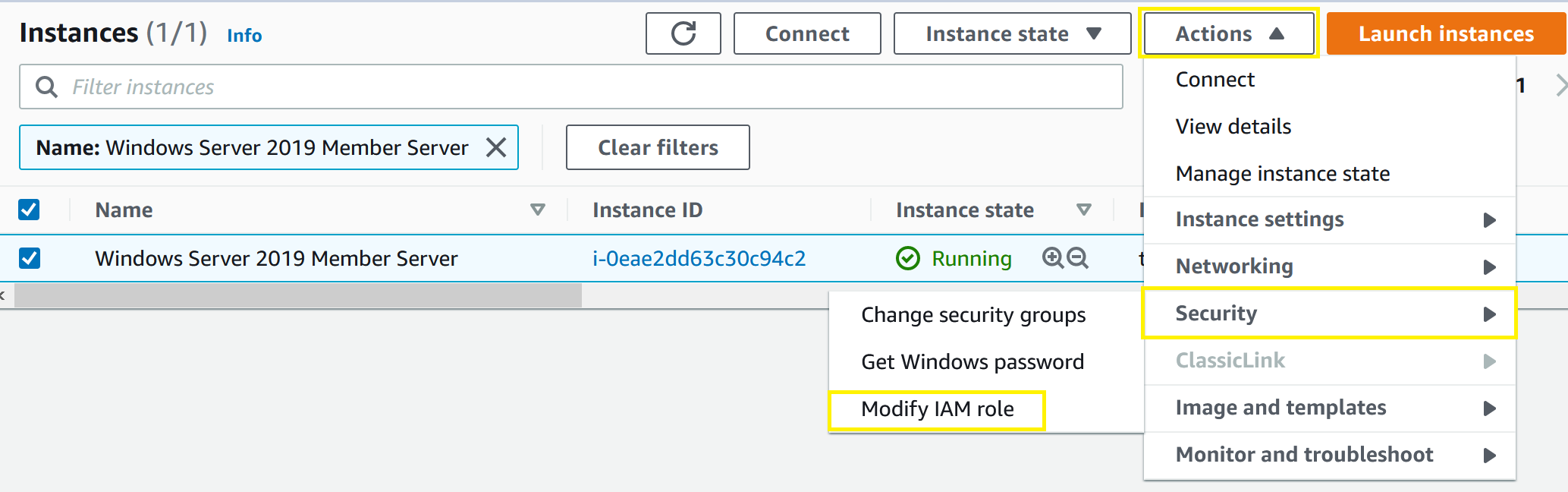 EC2 console showing Modify IAM Role selection.