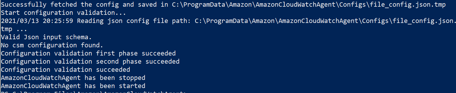 Command output showing the CloudWatch Agent configuration was successfully applied.