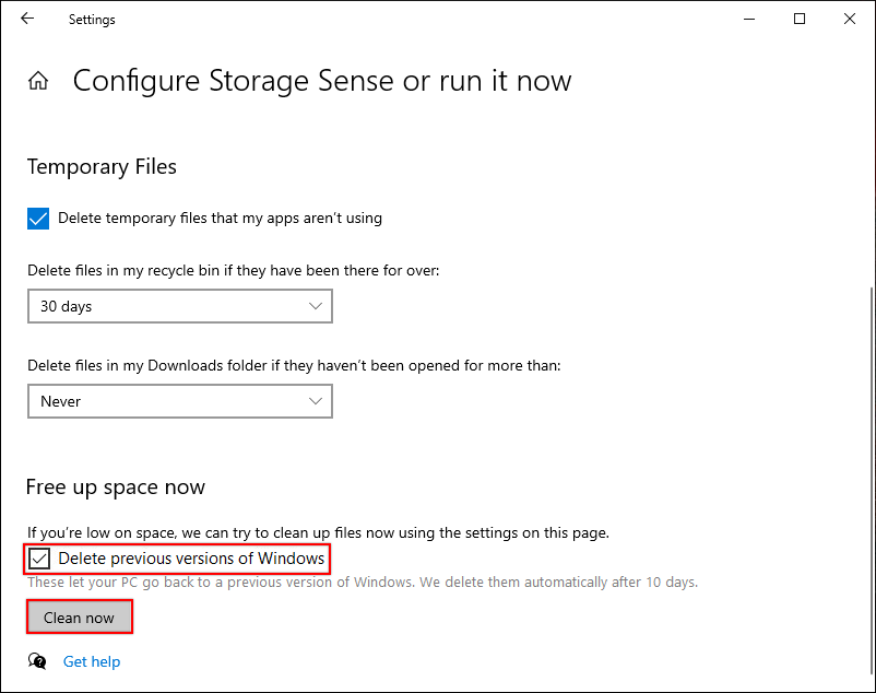 Deleting Previous Windows Version via Storage Sense