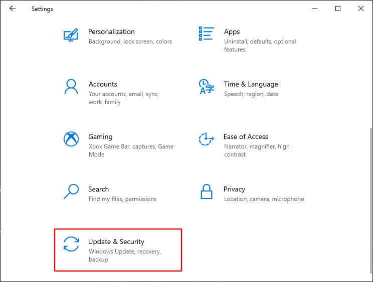 Accessing Windows Update, Recovery and Backup Settings