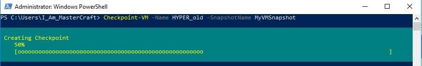 Using Checkpoint-VM to create a Snapshot of HYPER_old VM called MyVMSnapshot